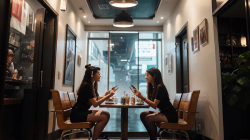 Dua orang wanita duduk berhadapan di sebuah kafe, namun interaksi mereka terfokus pada ponsel masing-masing, mencerminkan pergeseran budaya nongkrong menuju ruang virtual.