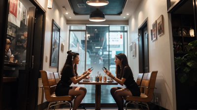 Dua orang wanita duduk berhadapan di sebuah kafe, namun interaksi mereka terfokus pada ponsel masing-masing, mencerminkan pergeseran budaya nongkrong menuju ruang virtual.