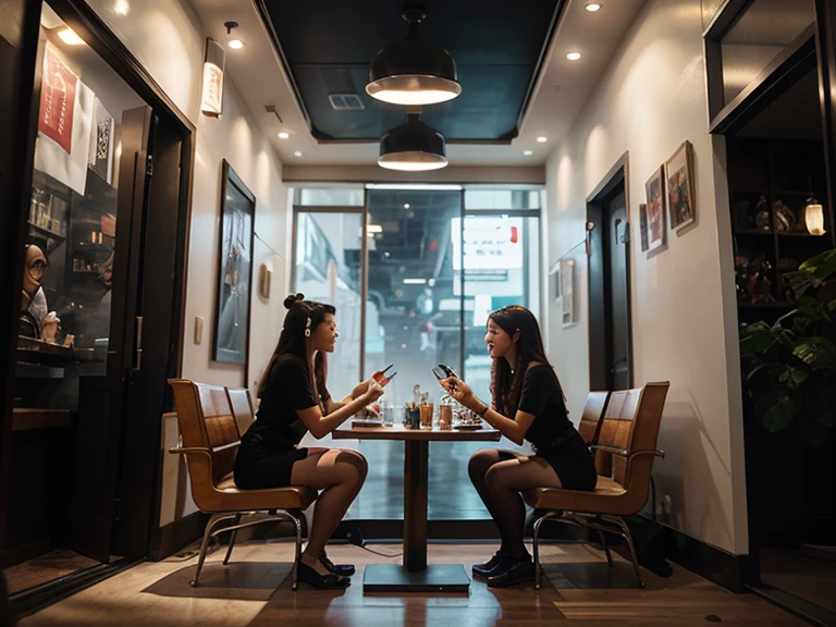 Dua orang wanita duduk berhadapan di sebuah kafe, namun interaksi mereka terfokus pada ponsel masing-masing, mencerminkan pergeseran budaya nongkrong menuju ruang virtual.