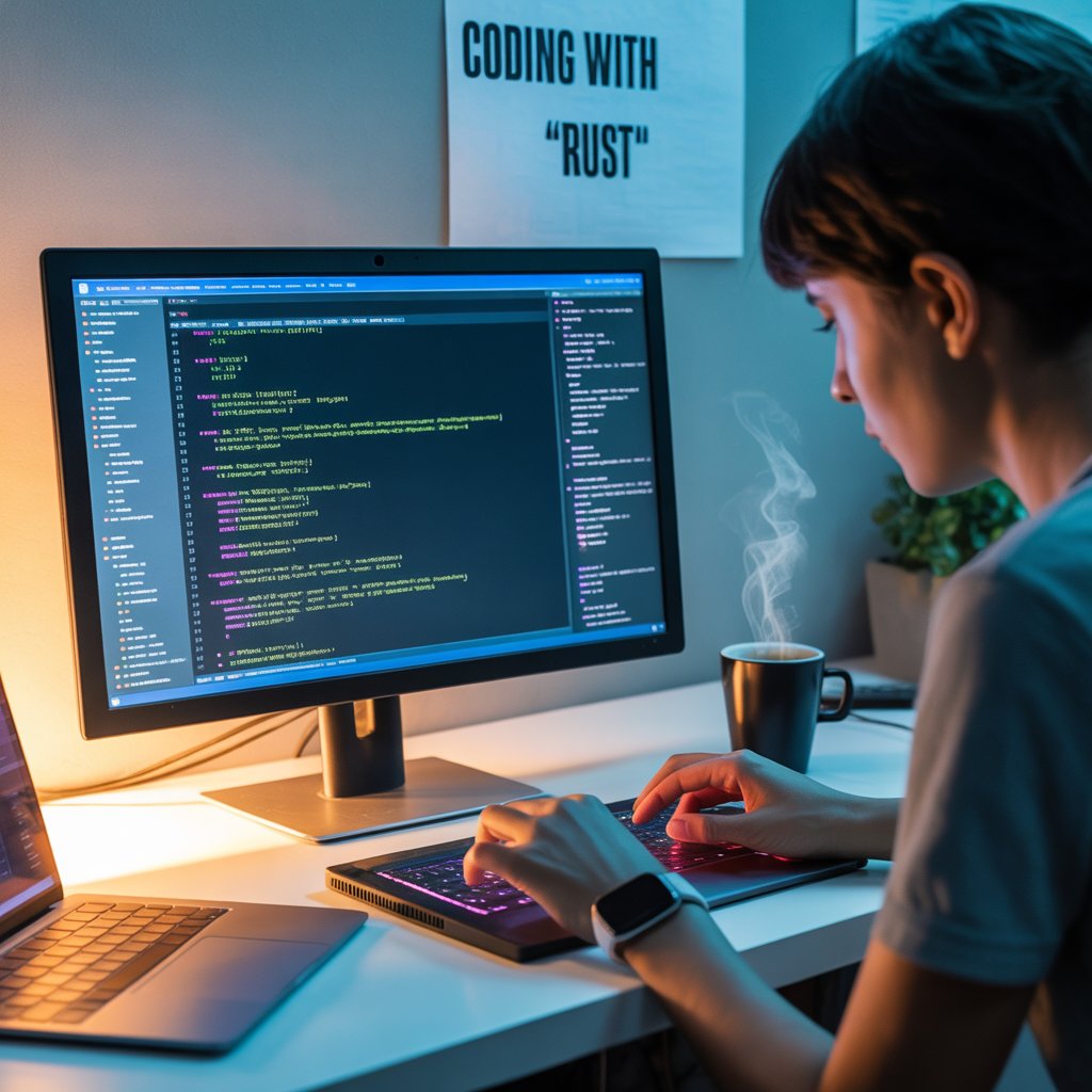 Seorang programmer muda fokus menulis kode dengan bahasa pemrograman Rust di depan layar komputer.