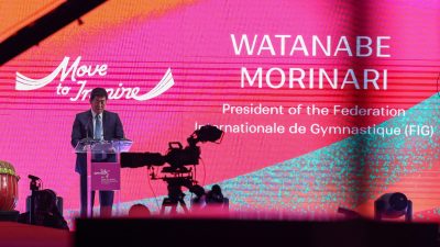 Presiden Federasi Gimnastik Dunia (FIG), Morinari Watanabe, menyebut penyelenggaraan di Jakarta sebagai momentum bersejarah. (Foto Humas Kemenpora)