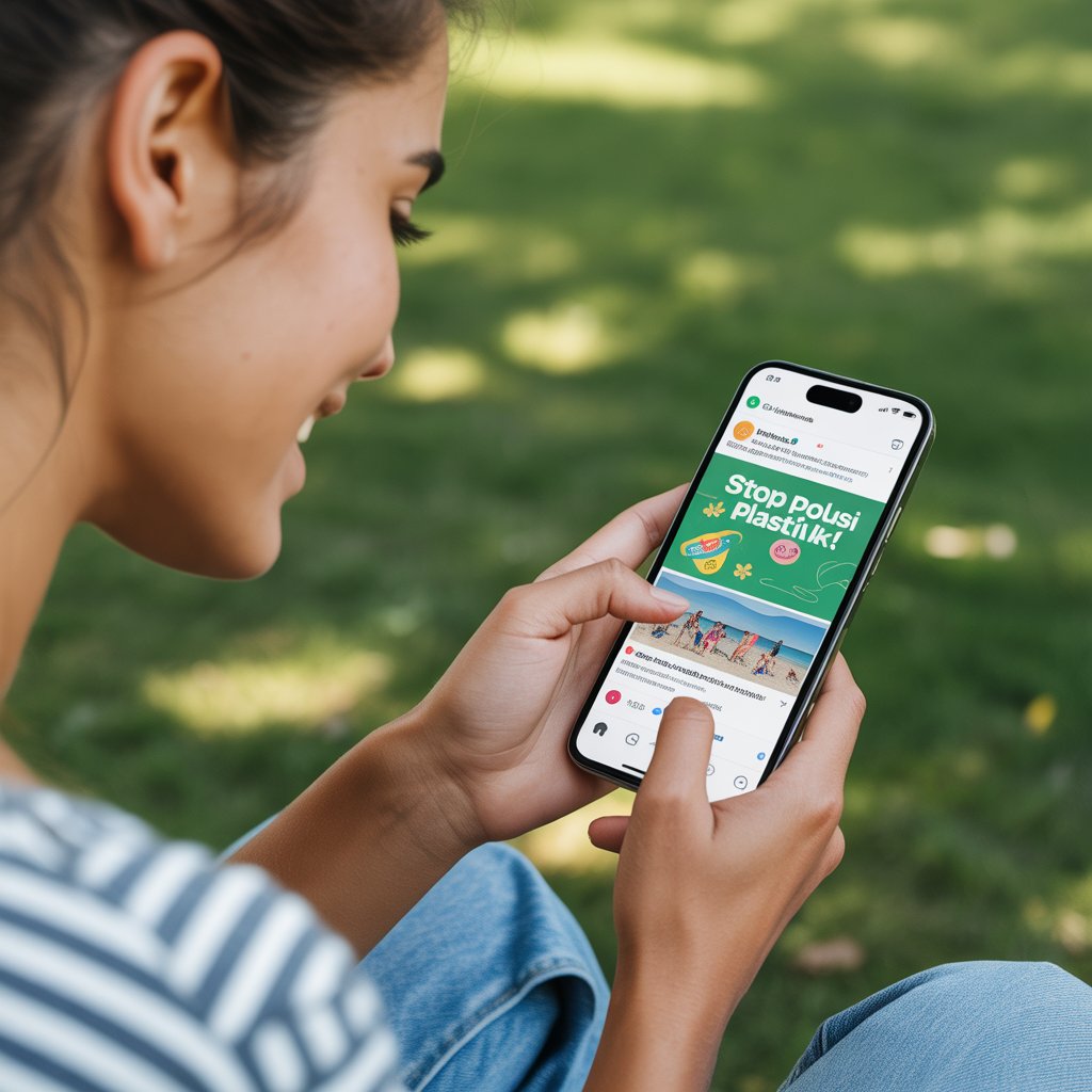 Kampanye kesadaran lingkungan tentang bahaya polusi plastik kini semakin efektif menjangkau generasi muda melalui platform media sosial yang interaktif dan menarik. (AI)