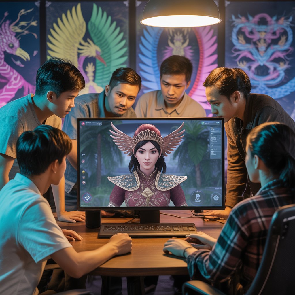 Tentu, ini satu kalimat yang menggambarkan gambar tersebut: Sekelompok talenta kreatif muda Indonesia berkolaborasi dengan penuh semangat untuk mengangkat kekayaan budaya dan mitologi Nusantara ke dalam sebuah karakter game digital yang modern dan memukau. (AI)