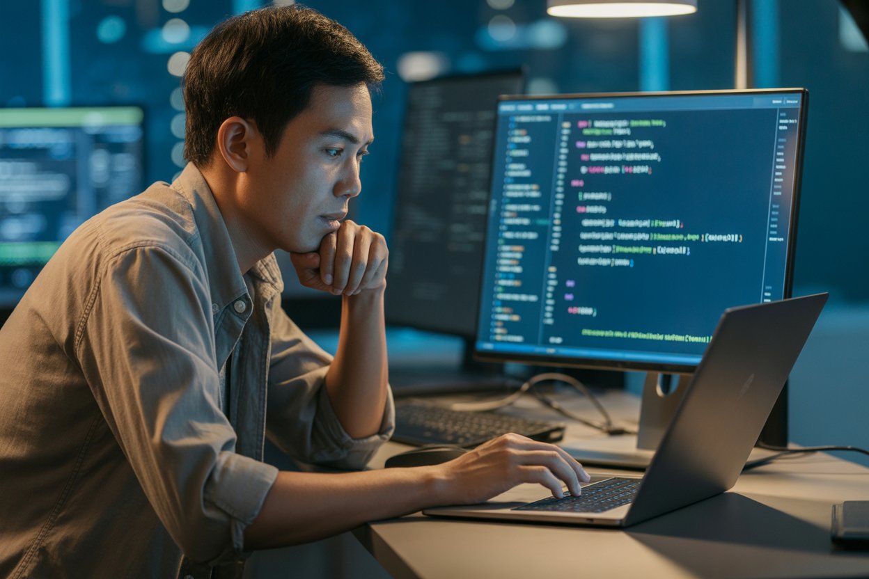 Seorang developer Indonesia terlihat fokus menatap layar laptopnya yang menampilkan Backend. (AI)