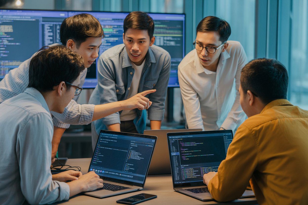 Sekelompok kecil programmer Indonesia terlihat aktif berdiskusi dan berkolaborasi di depan laptop masing-masing (AI)