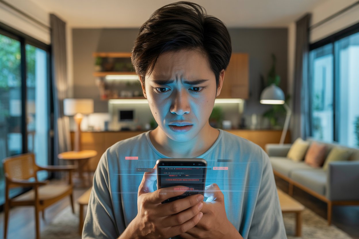 Seorang anak muda Indonesia terlihat khawatir sambil memegang smartphone yang diretas atau mencurigakan (AI)
