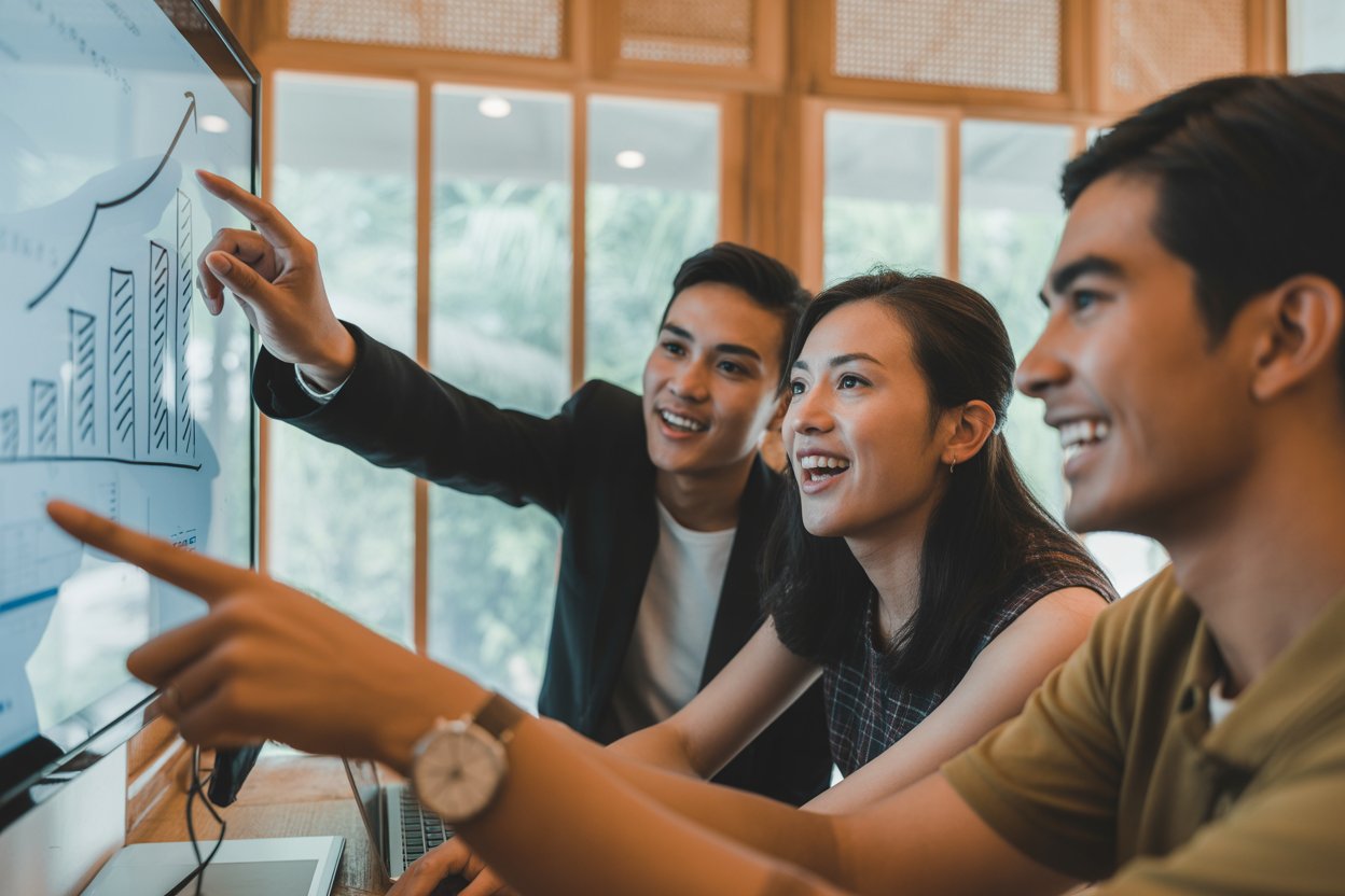 Tiga profesional muda terlihat antusias berdiskusi sambil menunjuk data di layar, menunjukkan kolaborasi dan analisis yang merupakan soft skill mahal bagi anak SI agar cepat jadi leader. (AI)