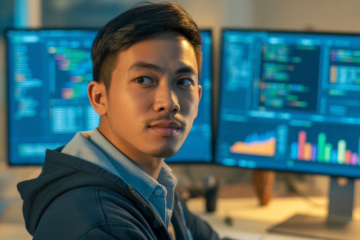 Seorang pemuda dengan dua layar komputer penuh kode dan data di belakangnya, menunjukkan dia sedang menguasai Python yang wajib dikuasai anak SI di 2025. (AI)