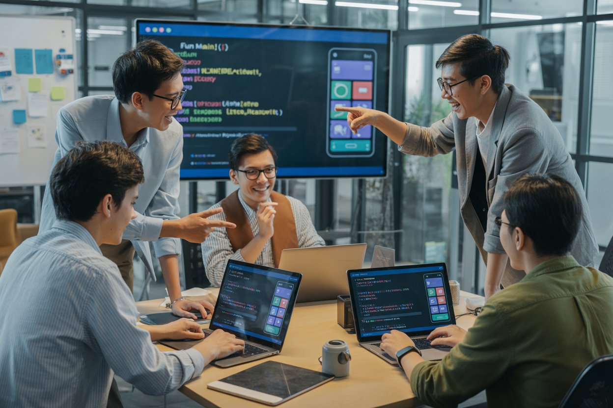 Sekelompok developer muda Indonesia yang beragam tampak sedang berkolaborasi aktif membuat aplikasi mobile di laptop dan tablet(AI)