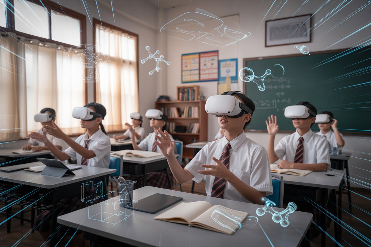 kelas modern di Indonesia, di mana siswa dan guru memakai headset VR dan berinteraksi dengan lingkungan metaverse yang imersif untuk belajar dan berkolaborasi. (AI)