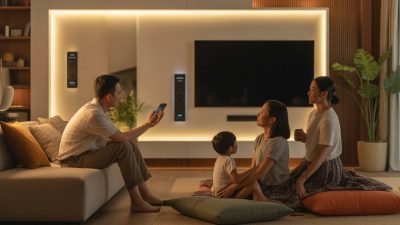 Sebuah keluarga terlihat menikmati kemudahan yang ditawarkan oleh rumah pintar (smart home) saat sang ayah mengendalikan perangkat melalui smartphone. (AI)