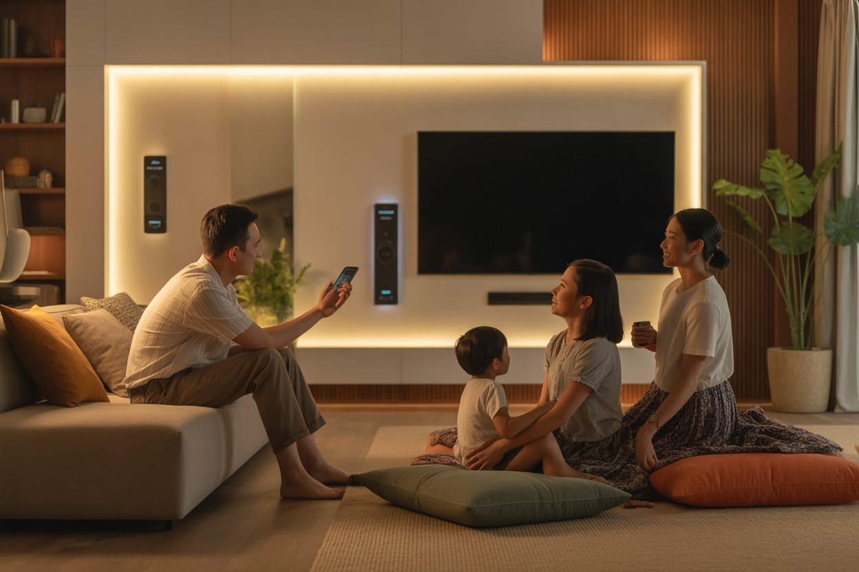 Sebuah keluarga terlihat menikmati kemudahan yang ditawarkan oleh rumah pintar (smart home) saat sang ayah mengendalikan perangkat melalui smartphone. (AI)