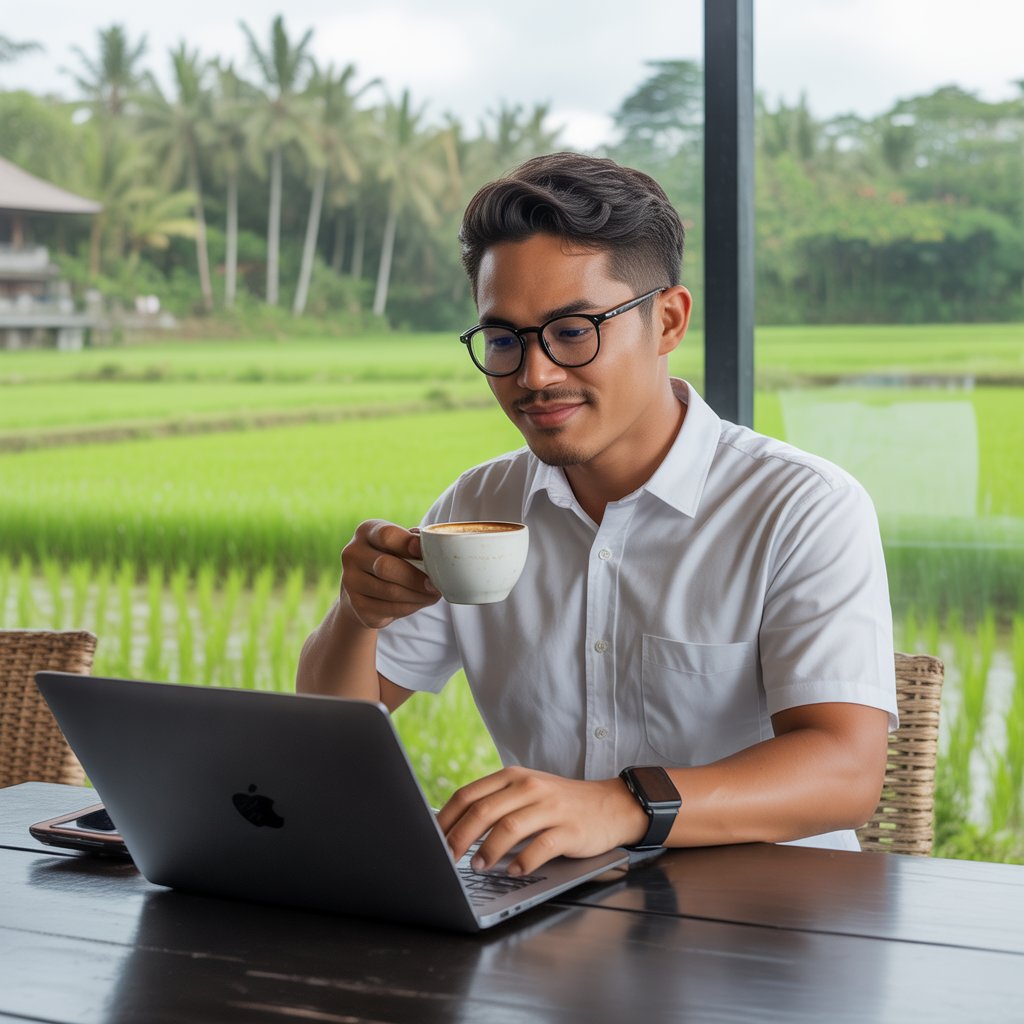 Fleksibilitas untuk dapat bekerja dari lokasi mana pun, termasuk kafe dengan pemandangan alam seperti ini, menjadi daya tarik utama yang membuat sistem kerja remote semakin menjadi pilihan favorit para profesional muda di Indonesia.