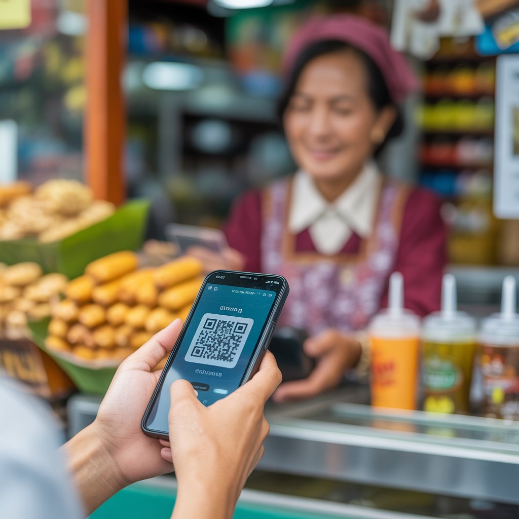 Penggunaan pembayaran digital melalui pindai QR code semakin diadopsi secara luas, memberikan kemudahan transaksi bahkan di tingkat usaha mikro seperti pedagang kaki lima. (AI)