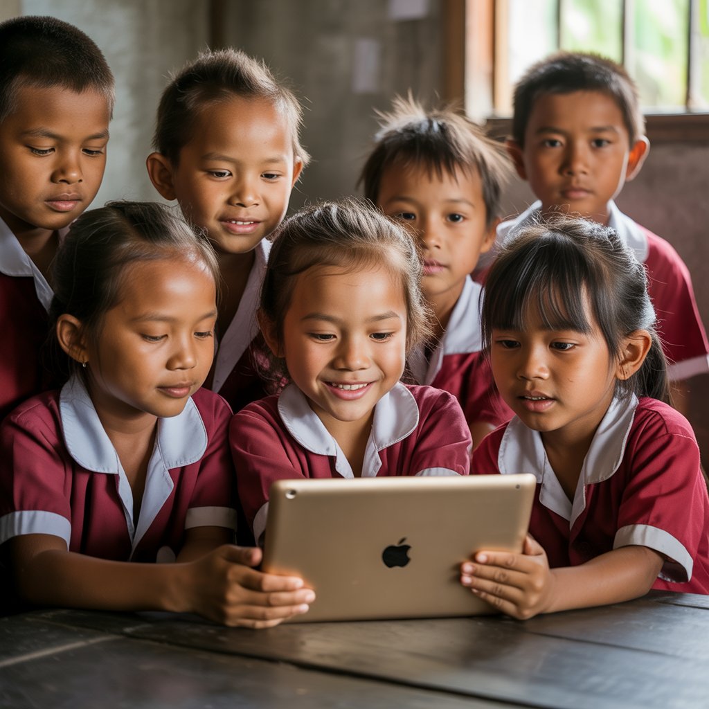 Ekspresi penuh kekaguman dari sekelompok siswa sekolah dasar di desa terpencil Nusa Tenggara ini menjadi potret bagaimana teknologi digital membuka jendela pengetahuan baru di pelosok negeri. (AI)