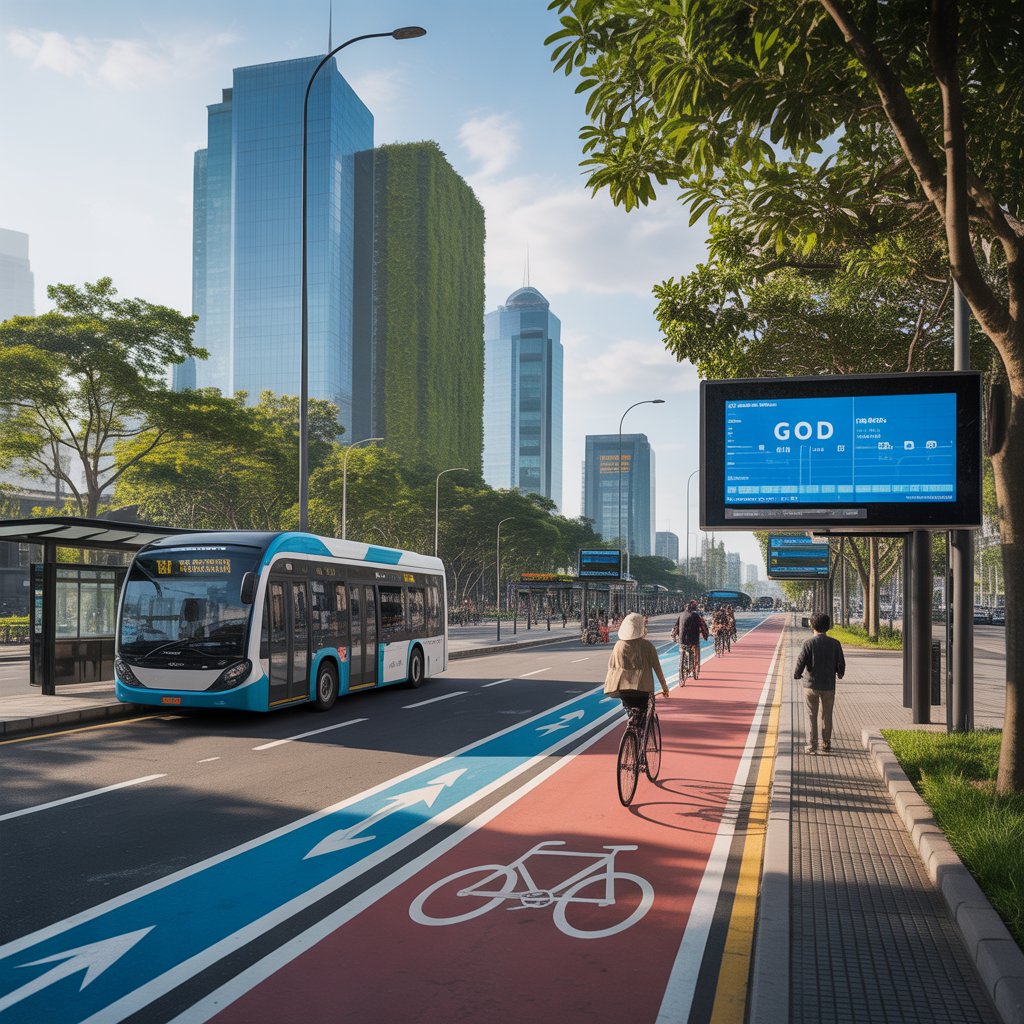 merepresentasikan visi kota masa depan yang berkelanjutan, di mana integrasi bus listrik, jalur sepeda, dan arsitektur hijau berhasil menciptakan lingkungan perkotaan yang sehat dan nyaman bagi warganya.(AI)
