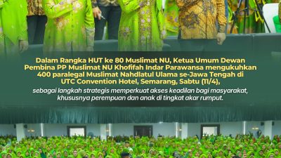 Pada HUT ke-80 Muslimat NU, Khofifah sebagai Ketua Umum Muslimat NU Kukuhkan 400 Paralegal di Jateng