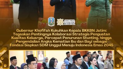 Gubernur Khofifah Kukuhkan Kepala BKKBN Jatim, Tegaskan Pembangunan Keluarga Berkualitas dan Penurunan Stunting Jadi Fondasi Siapkan SDM Unggul Menuju Indonesia Emas 2045