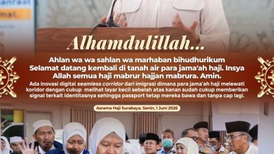 Gubernur Khofifah Sambut Kepulangan Jemaah Haji Kloter I di Asrama Haji Surabaya, Apresiasi Layanan Imigrasi Cepat
