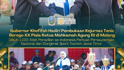 Gubernur Khofifah Dampingi Ketua MA RI Buka Kejurnas Tenis Beregu XX Piala Ketua MA di Malang, Perkuat Persaudaraan Nasional
