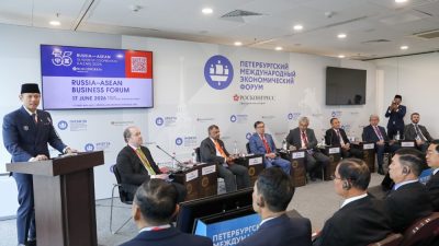Menkoinfra AHY saat menjadi pembicara dalam St. Petersburg International Economic Forum (SPIEF) 2026, Kamis (4/6/2026). (foto: Humas Kemenkoinfra)