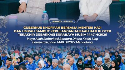 Gubernur Khofifah Bersama Menteri Haji dan Umrah Sambut Kepulangan Kloter Terakhir Debarkasi Surabaya, Optimistis Embarkasi Bandara Dhoho Kediri Beroperasi pada 2027