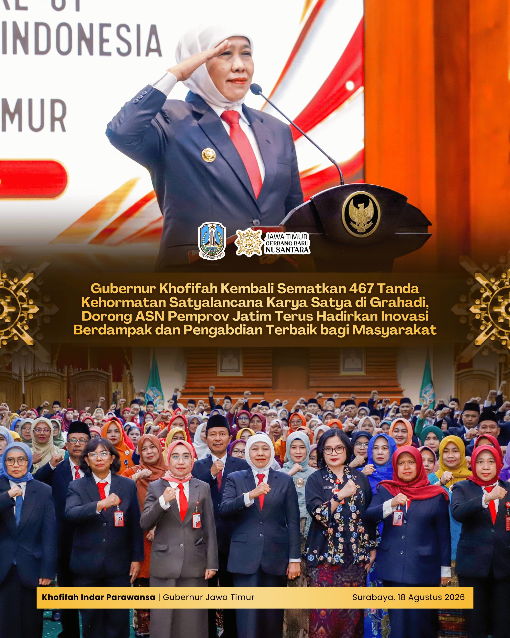 Sematkan 467 Satyalancana Karya Satya, Gubernur Khofifah Tekankan ASN Jatim Harus Terus Berinovasi