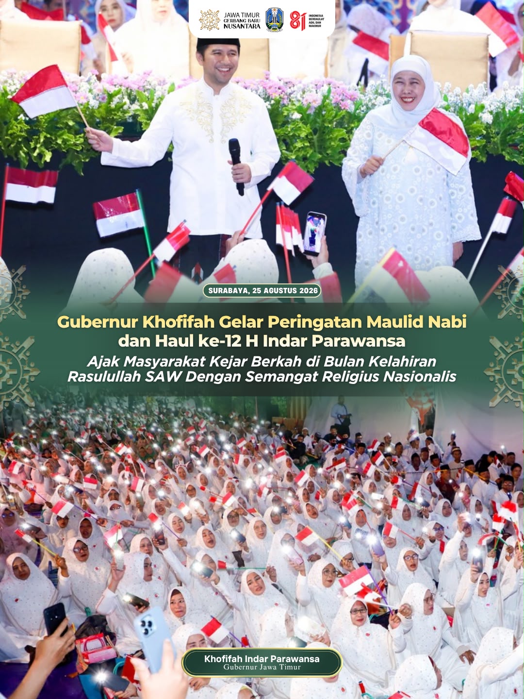 Maulid Nabi dan Haul ke-12 H Indar Parawansa, Khofifah Tekankan Keteladanan dan Semangat Nasionalisme