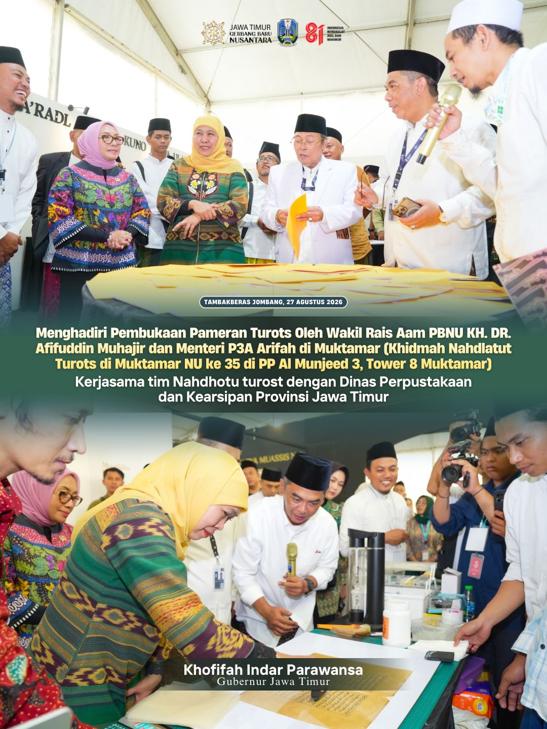 Buka Pameran dan Klinik Turots, Khofifah Tekankan Pentingnya Menjaga Warisan Keilmuan Ulama Nusantara