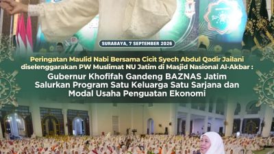 Peringatan Maulid Nabi Bersama Cicit Syech Abdul Qadir Jailani di Masjid Nasional Al-Akbar : Gubernur Khofifah Gandeng BAZNAS Jatim Salurkan Program Satu Keluarga Satu Sarjana dan Modal Usaha Penguatan Ekonomi