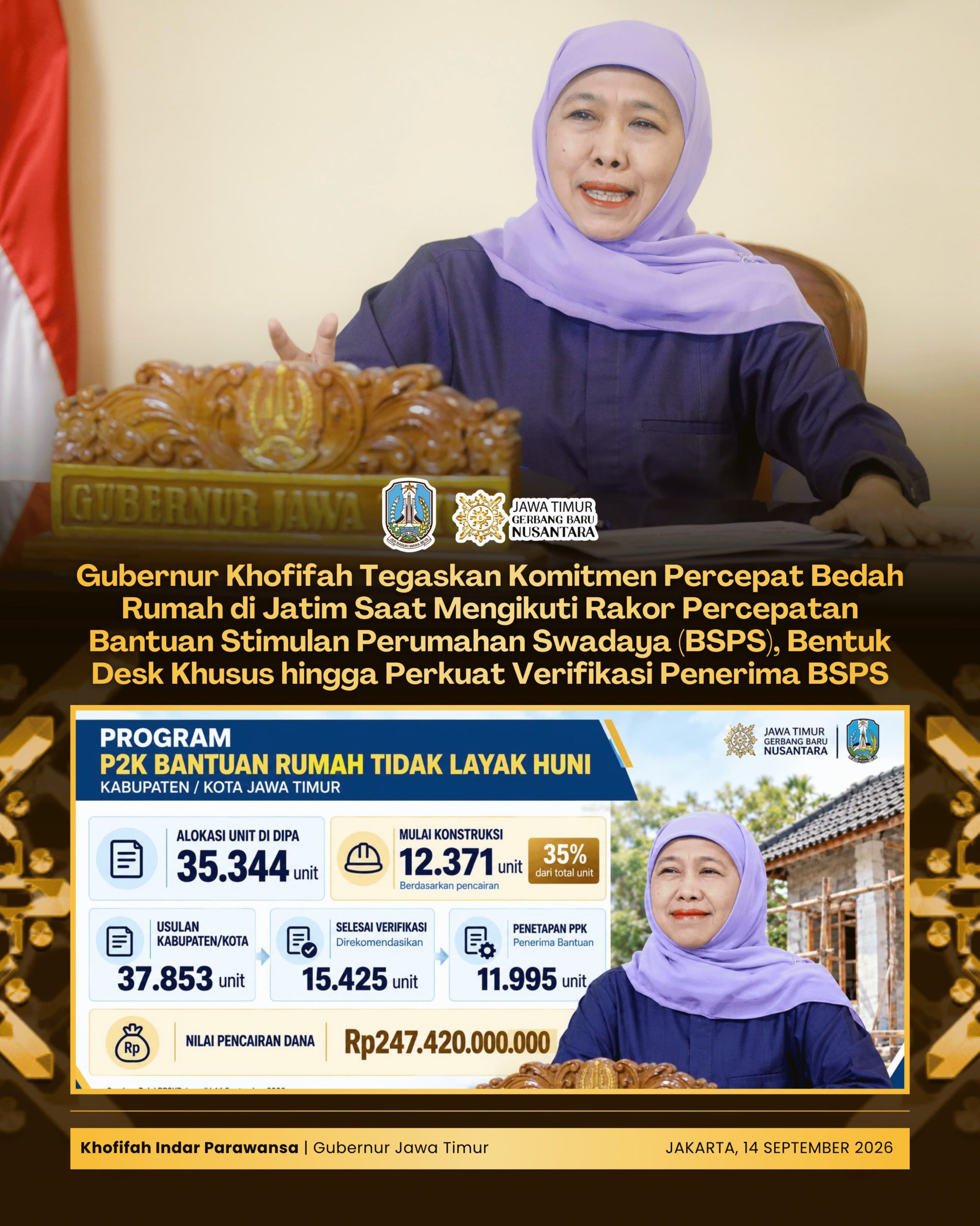 Khofifah Percepat BSPS Jatim, Perkuat Verifikasi dan Bentuk Desk Khusus