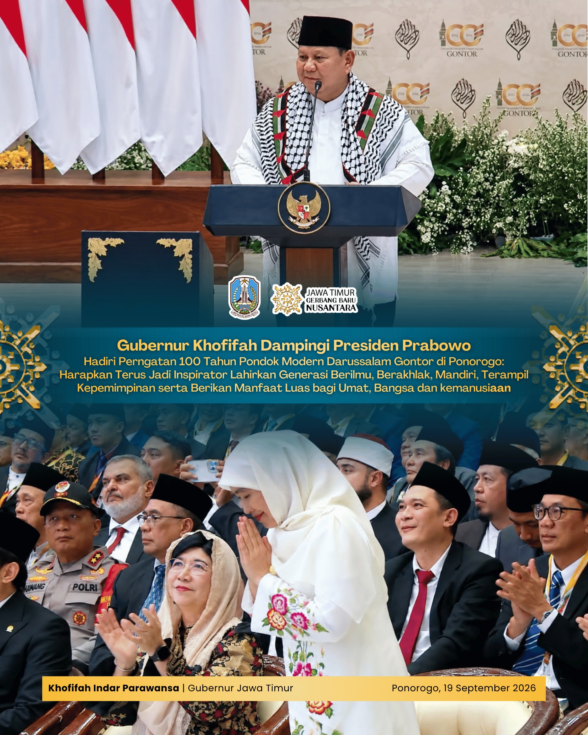Peringatan Satu Abad Gontor di Ponorogo, Khofifah Dampingi Presiden Prabowo