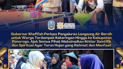 Gubernur Khofifah Perluas Penyaluran Langsung Air Bersih untuk Warga Terdampak Kekeringan Hingga ke Kabupaten Ponorogo, Ajak Semua Pihak Maksimalkan Ikhtiar Saintifik dan Spiritual Agar Turun Hujan yang Membawa Rahmat dan Manfaat