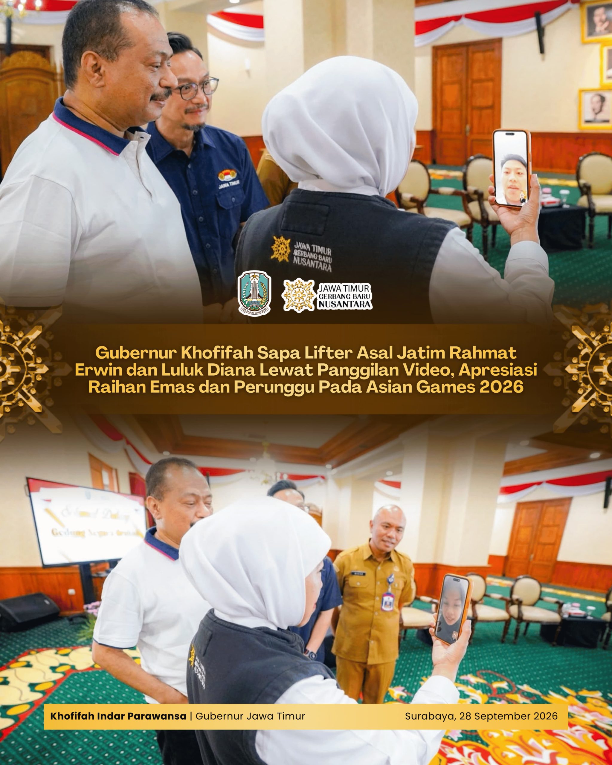 Khofifah Sapa Dua Lifter Jatim Peraih Medali Asian Games 2026 lewat Panggilan Video