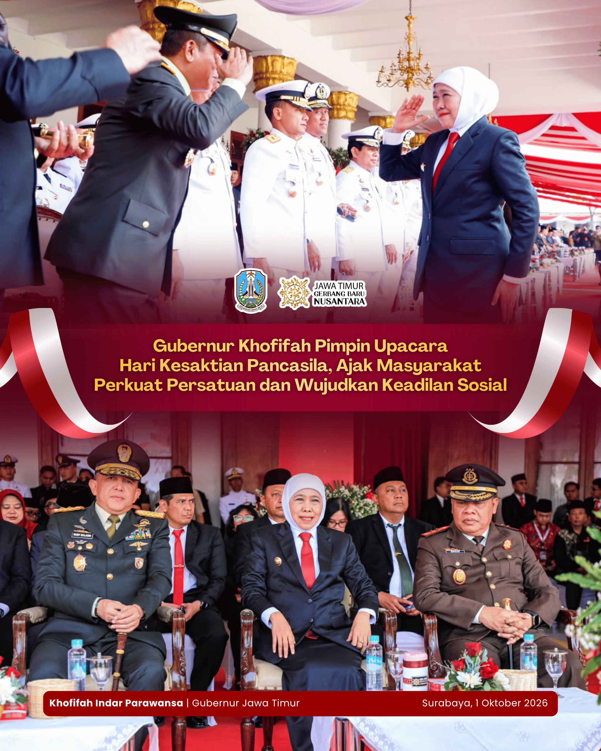 Hari Kesaktian Pancasila, Khofifah Ajak Masyarakat Perkuat Persatuan dan Keadilan Sosial