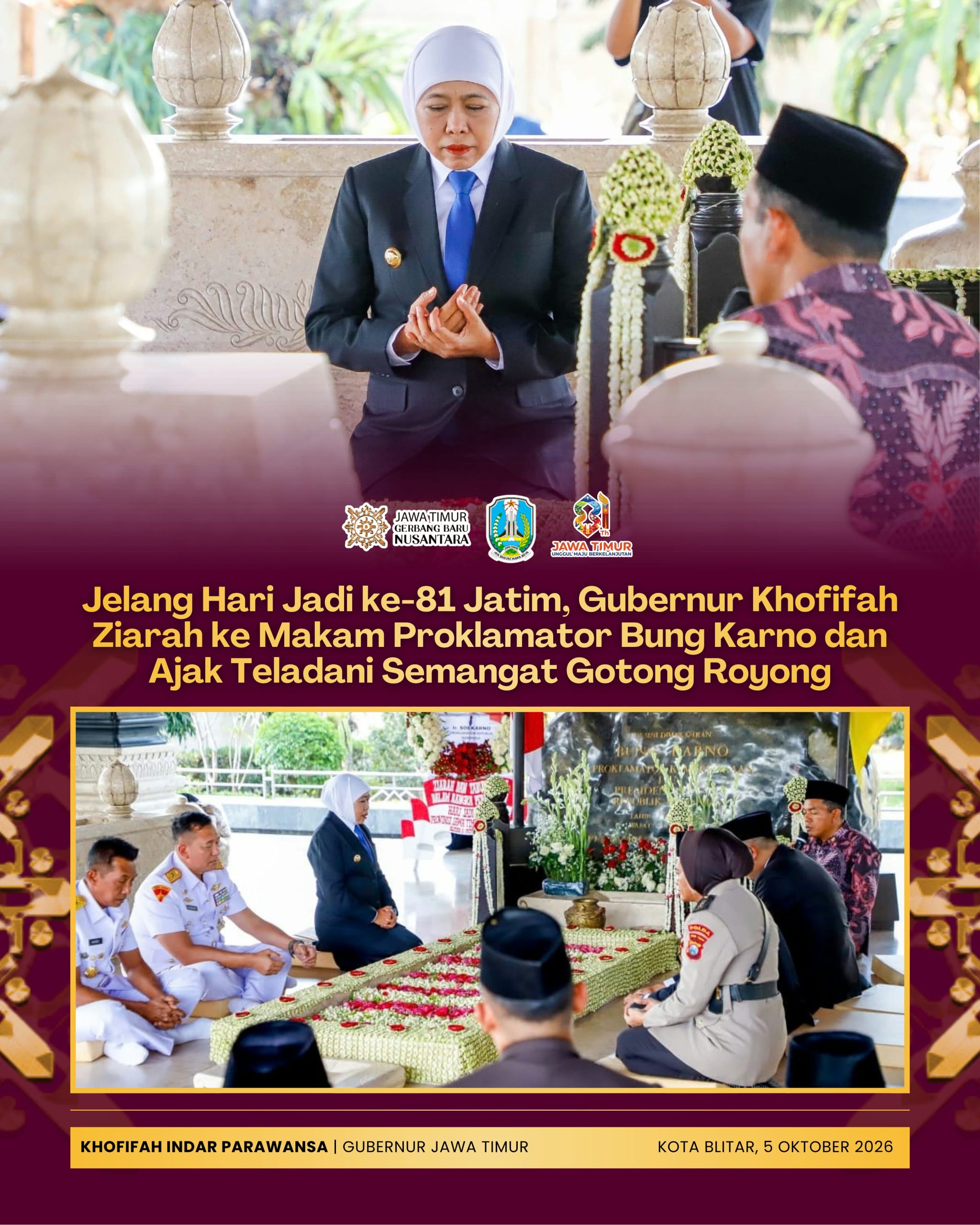Khofifah Ziarah ke Makam Bung Karno, Ajak Masyarakat Teladani Semangat Gotong Royong
