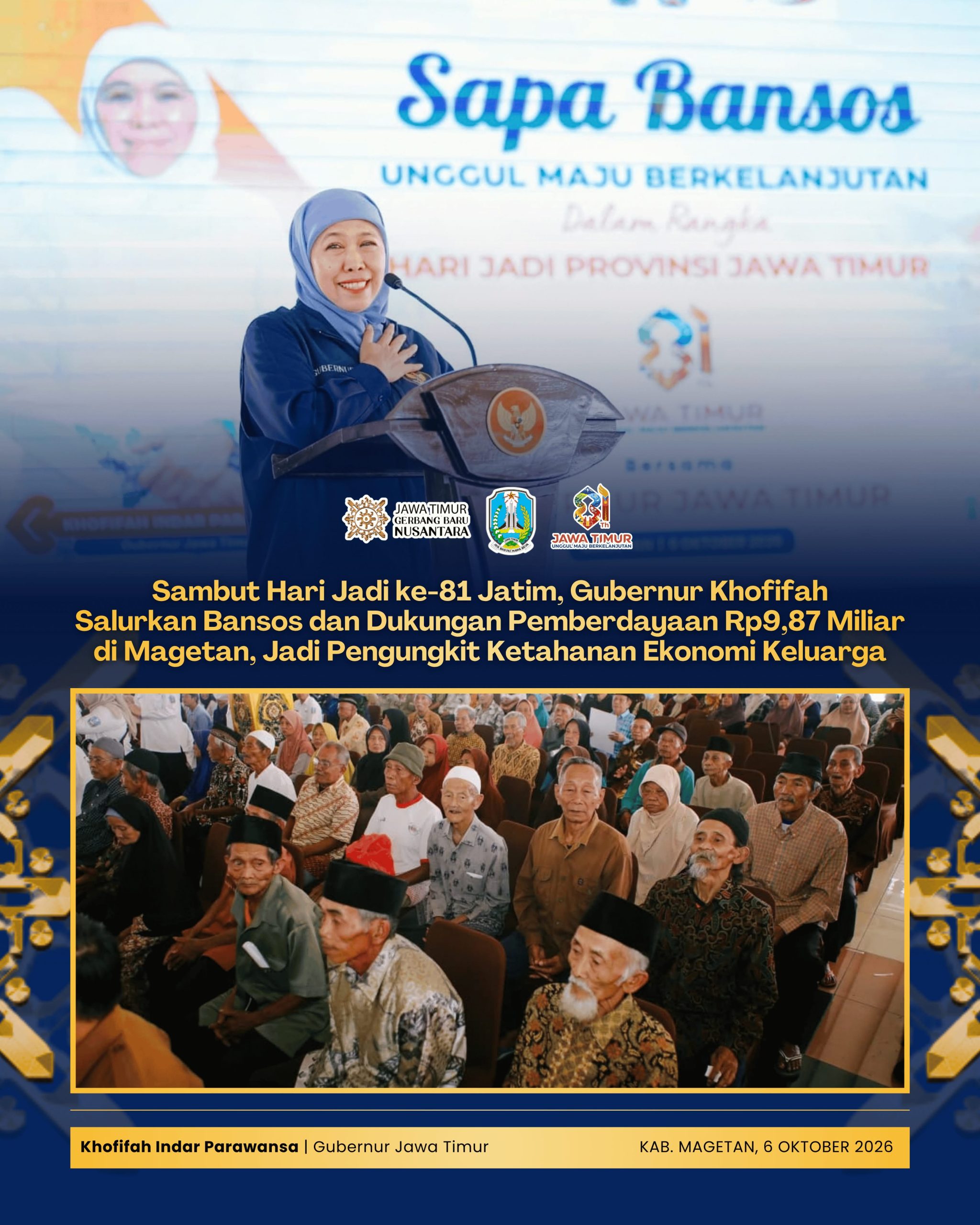 Khofifah Salurkan Rp9,87 Miliar Bansos dan Pemberdayaan, Perkuat Ketahanan Ekonomi Keluarga Magetan