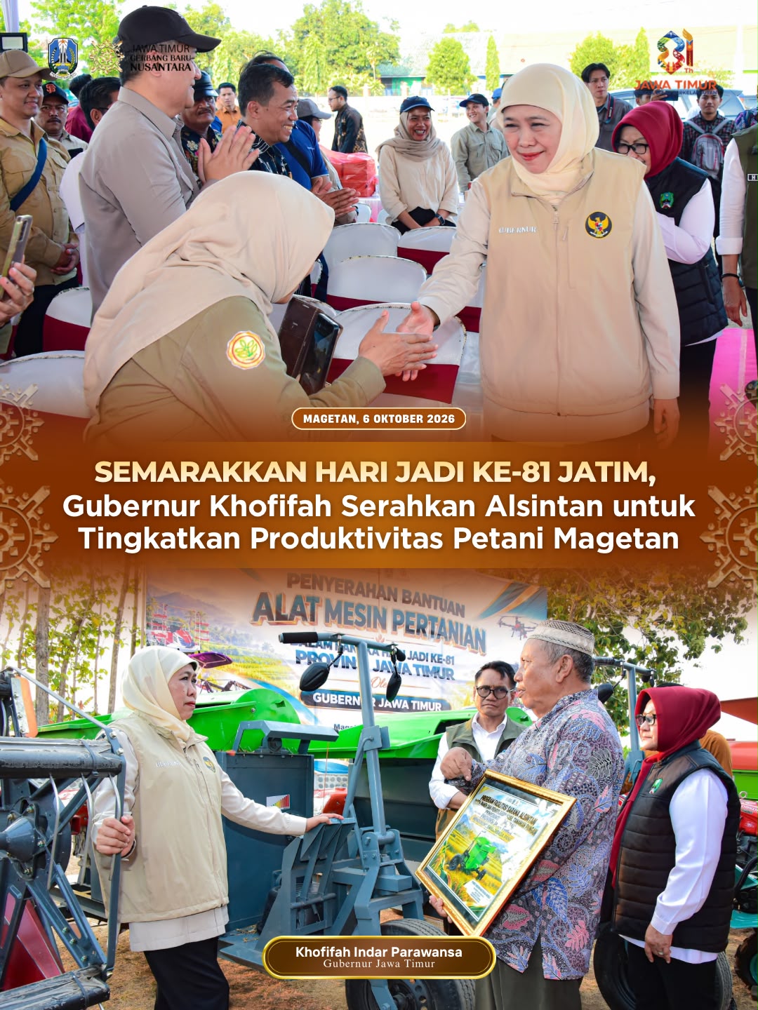 Khofifah Salurkan Alsintan untuk Petani Magetan, Dorong Peningkatan Produktivitas