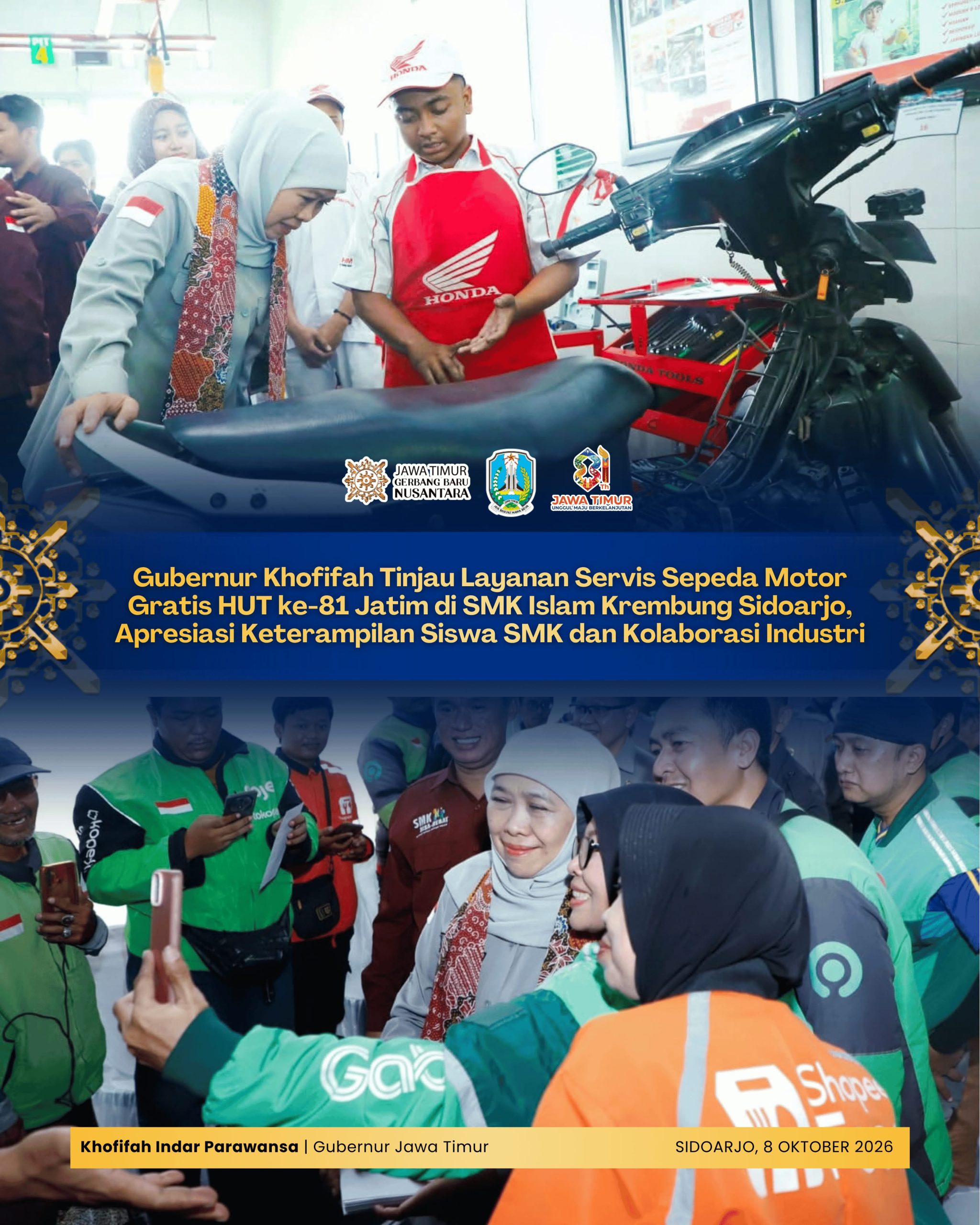Khofifah Tinjau Servis Motor Gratis HUT Jatim di SMK Islam Krembung Sidoarjo