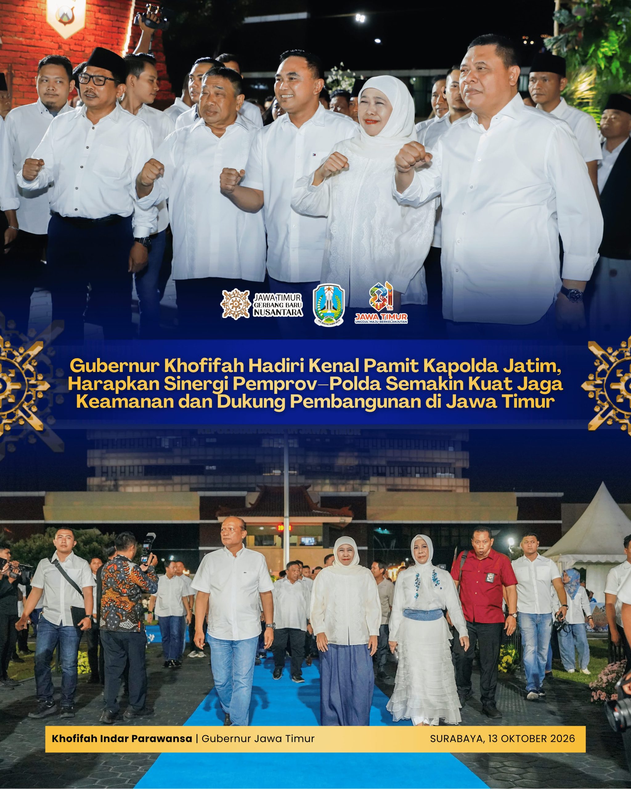 Khofifah Hadiri Kenal Pamit Kapolda Jatim, Tekankan Sinergi Keamanan dan Pembangunan