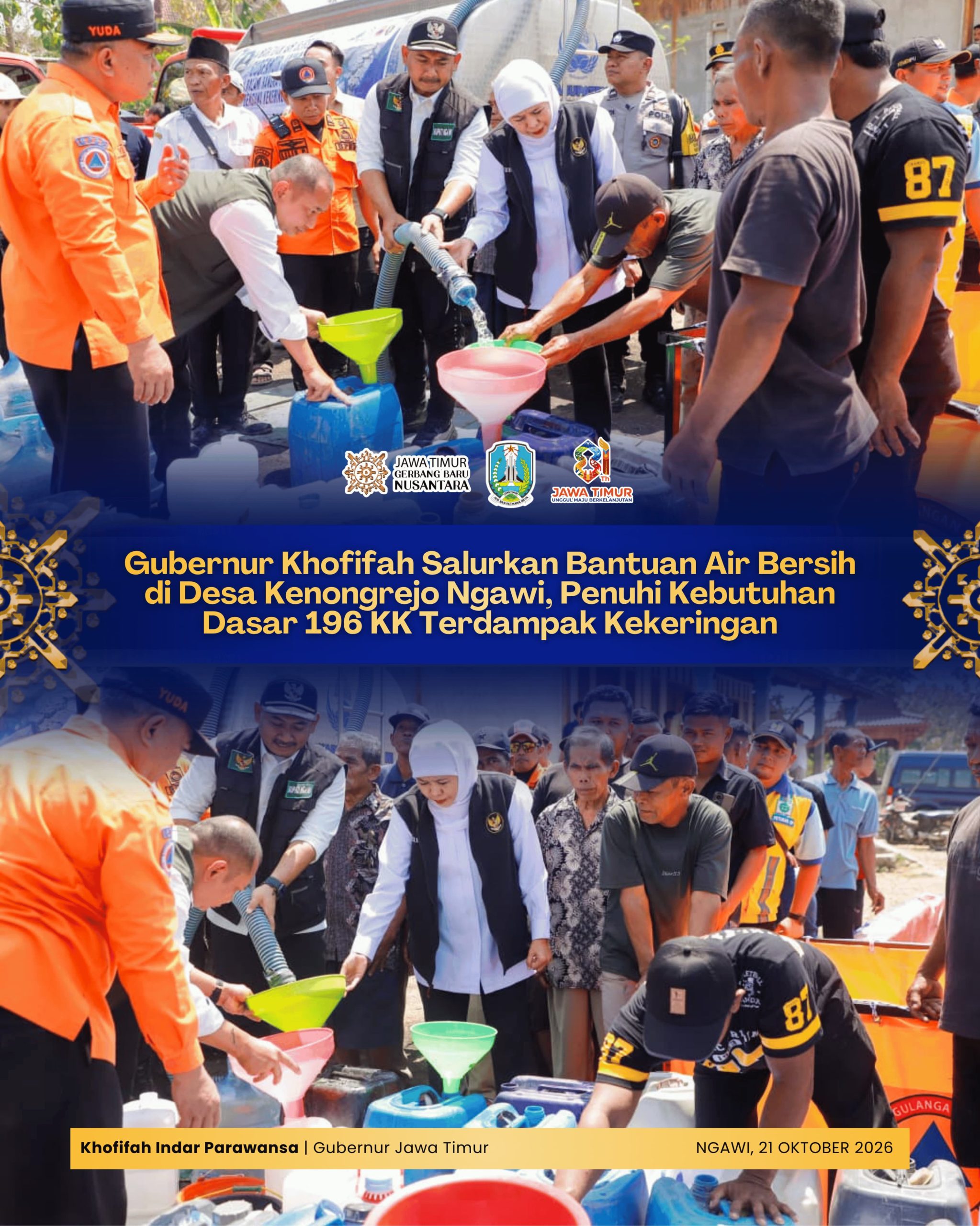 Khofifah Salurkan Bantuan Air Bersih untuk 196 KK Terdampak Kekeringan di Ngawi