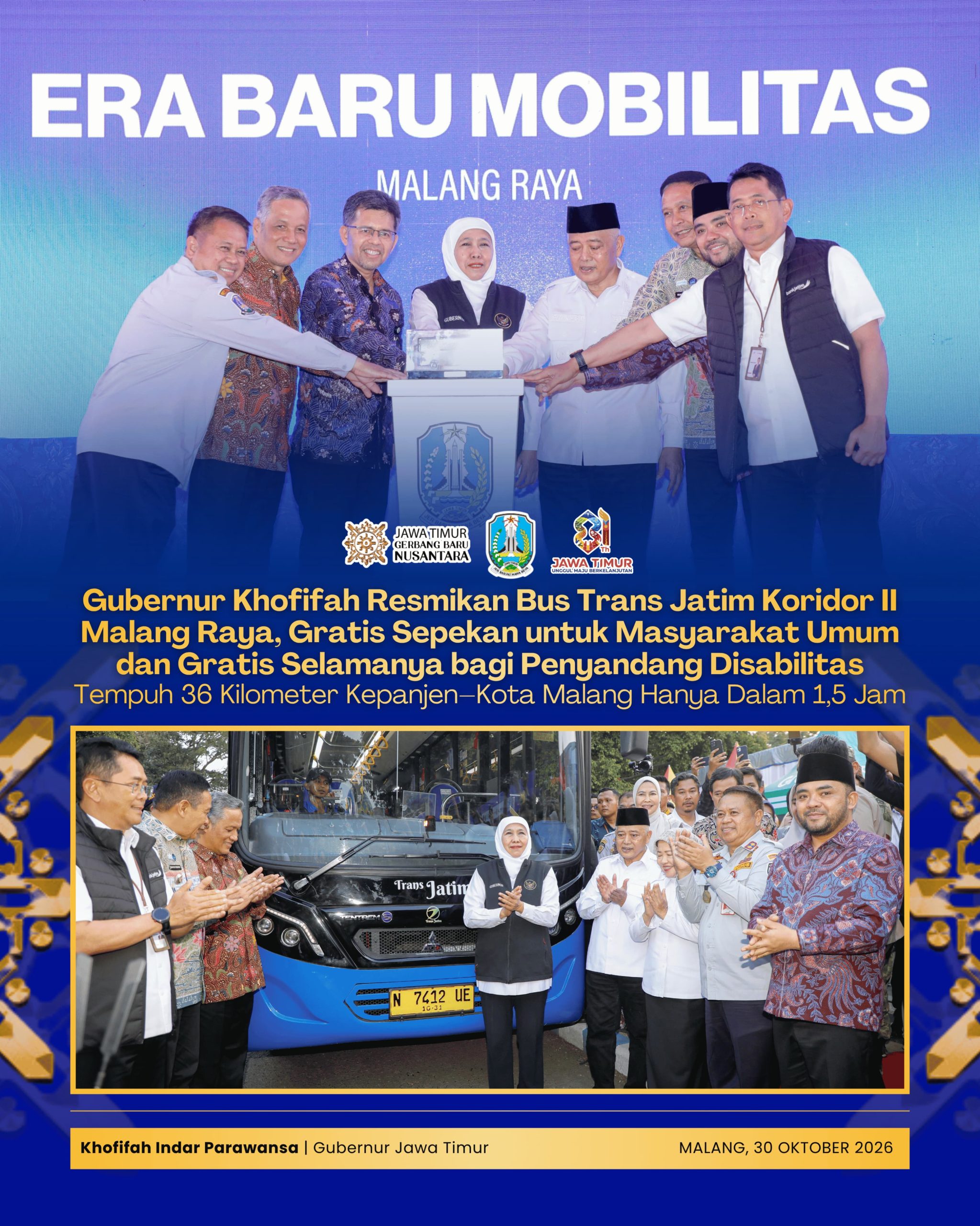 Khofifah Resmikan Trans Jatim Malang Raya, Penyandang Disabilitas Gratis Naik Semua Koridor