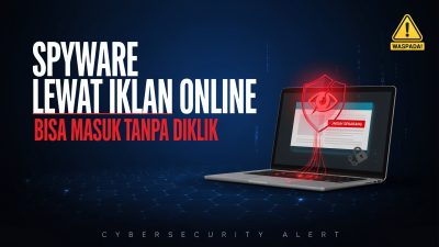 Ilustrasi spyware lewat iklan online di layar alat teknologi